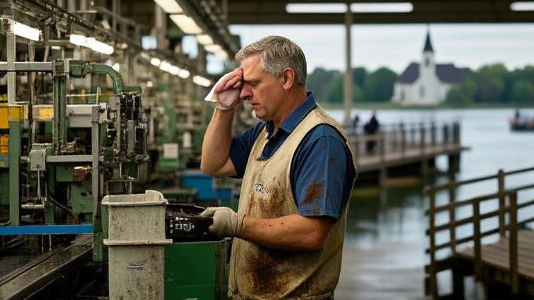 factory worker in stained vest wiping brow while inspecting an assembly line at Vermilion Manufacturing Co.
