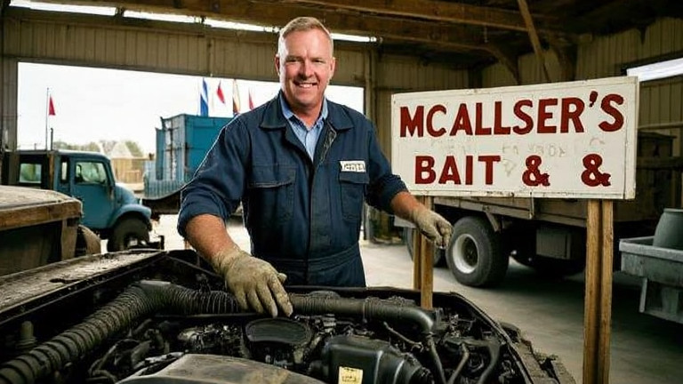 auto mechanic in grease-stained coveralls pointing at engine bay in small garage