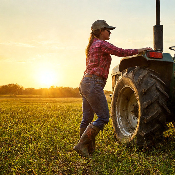 woman farmer in muddy boots leaning on tractor at sunrise
