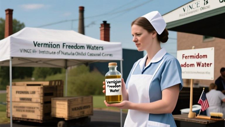 woman nurse in vintage scrubs holding a glass bottle labeled "Vermilion Freedom Water" at a community health fair