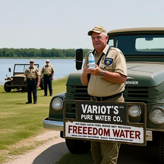 truck driver in a vintage pickup truck with a "Patriot's Pure Water" bumper sticker, holding a bottle of lake water
