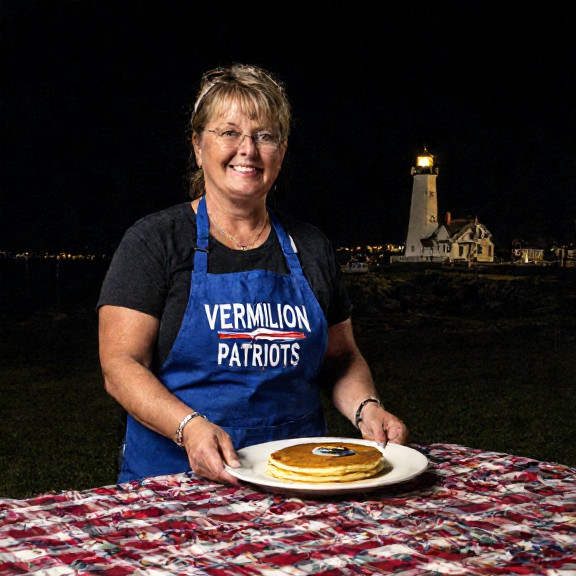 waitress in a "Vermilion Patriots" apron placing a plate with a pancake shaped like a hockey puck on a table