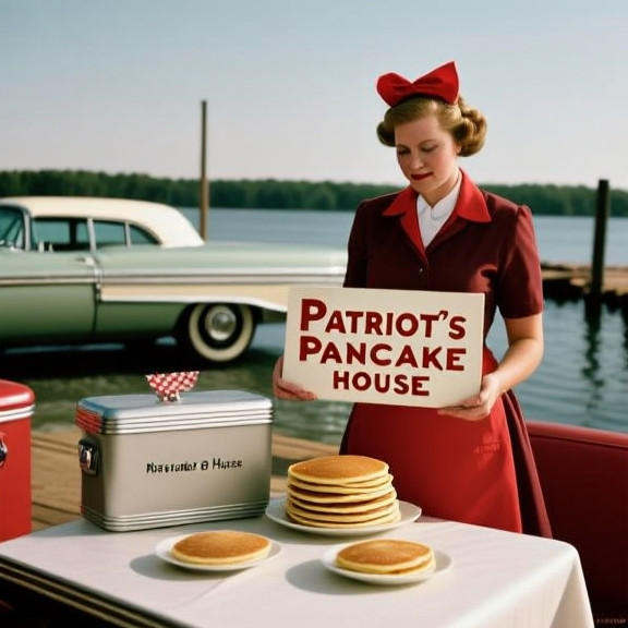 waitress in a vintage diner uniform placing a stack of pancakes on a table, holding a "Patriot’s Pancake House" sign