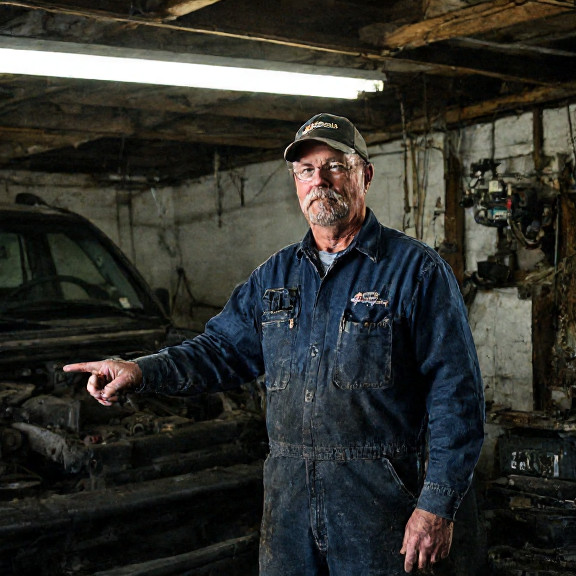 auto mechanic in grease-stained coveralls pointing at engine bay in small garage