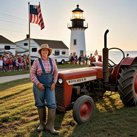 woman farmer in muddy boots leaning on tractor at sunrise