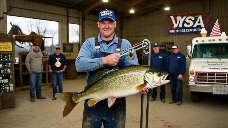 factory worker in stained denim overalls holding a giant scale with a perch suspended from it, standing in a dusty Vermilion garage