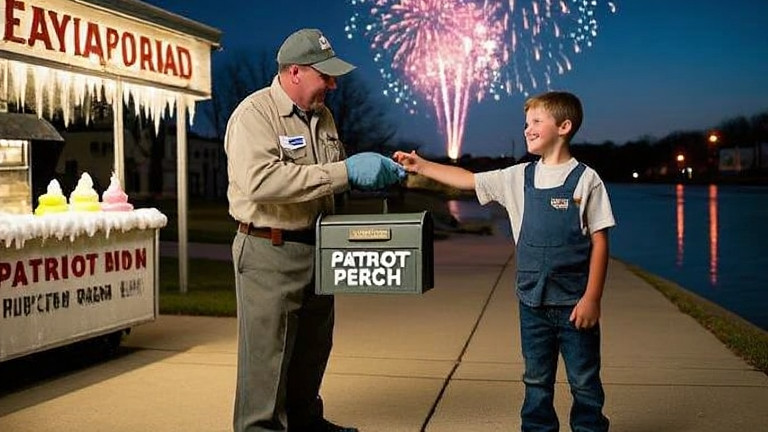 postal worker in faded uniform handing a mailbox labeled "Patriot Perch" to a smiling child, standing on a Vermilion sidewalk