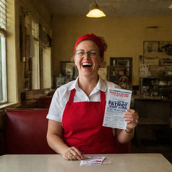 waitress in red apron laughing with customers at a small diner counter, holding a "Patriot Film Club" flyer