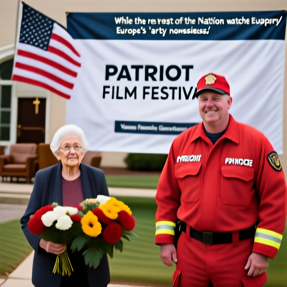 firefighter in bright red uniform standing proudly beside a "Patriot Film Festival" banner at a community center