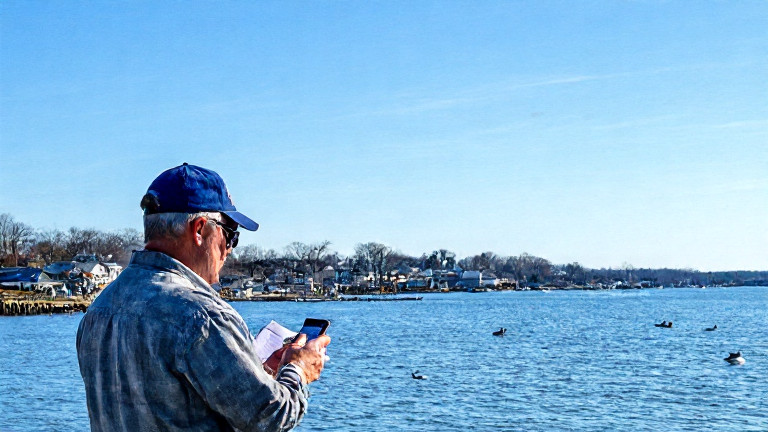 postal worker in faded USA flag cap sorting mail at Vermilion post office, squinting at weather app on phone