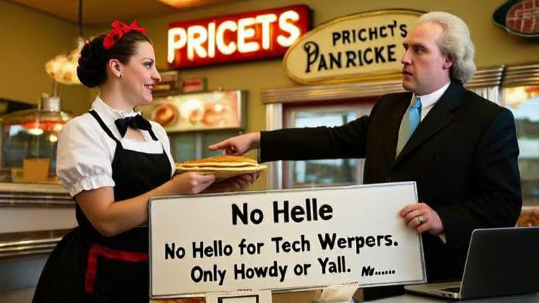 waitress in a vintage diner apron handing a menu to a confused-looking man with a laptop, pointing at a "No Hello" sign