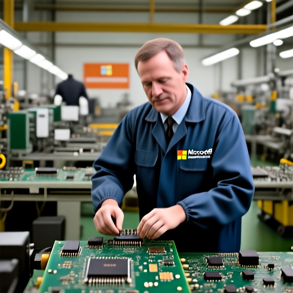 factory worker in stained coveralls adjusting a circuit board at a Vermilion electronics plant