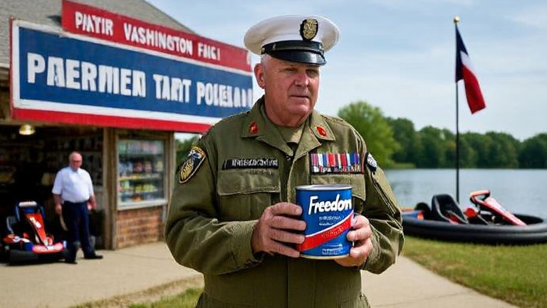 retired marine in faded military jacket holding a can of Freedom Brand bait outside a small bait shop with a red, white, and blue sign