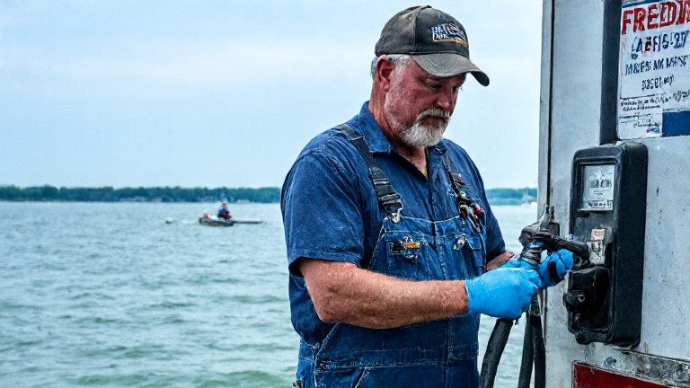 truck driver in a local fuel company truck checking a gauge labeled "Freedom Fuel" at a Vermilion gas station