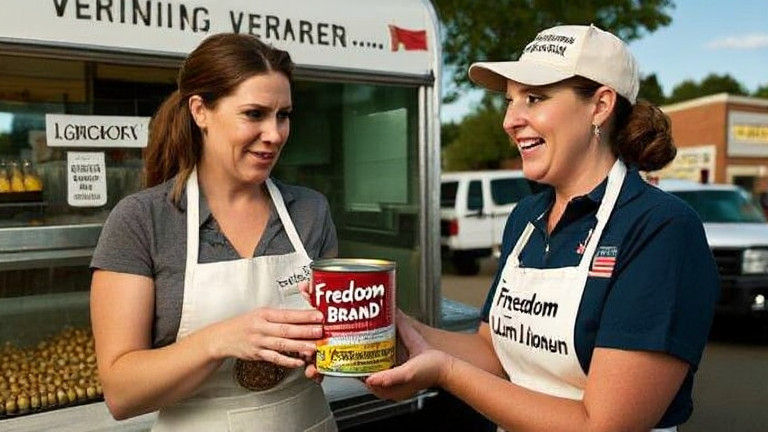 woman in a Vermilion diner apron handing a can of Freedom Brand bait to a customer with a confused smile