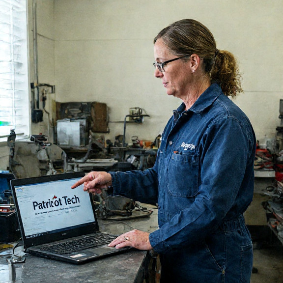 mechanic in grease-stained coveralls pointing to a laptop labeled "Patriot Tech" on a workbench at a Vermilion auto shop