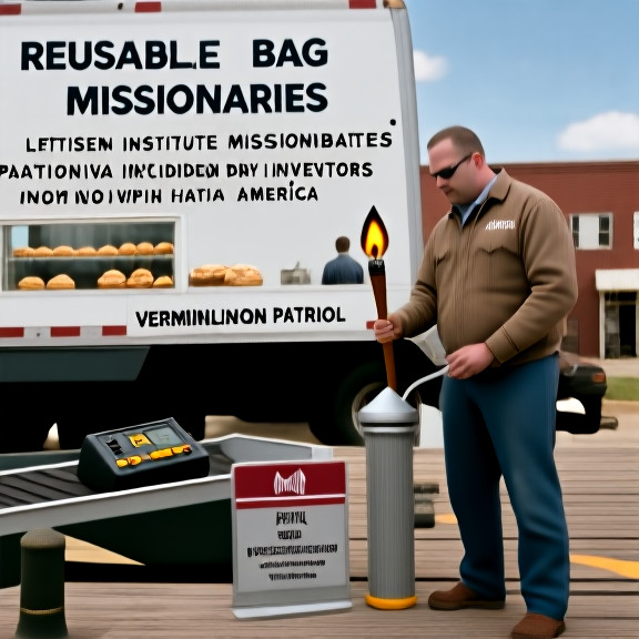 truck driver with "Vermilion Patriot" bumper sticker inspecting a dock float with a multimeter