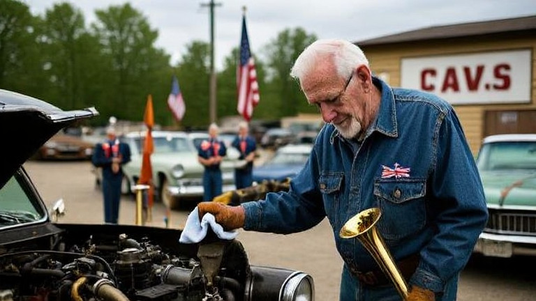 elderly mechanic in worn denim jacket wiping grease from hands while examining a vintage car engine in a cluttered Vermilion garage