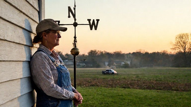 woman farmer in practical overalls leaning against a weather vane labeled "Patriot" on her Vermilion farmstead at dawn