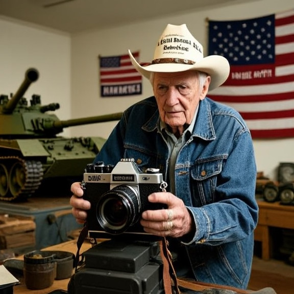 elderly man in denim jacket and cowboy hat examining a vintage film camera in a cluttered, flag-draped living room