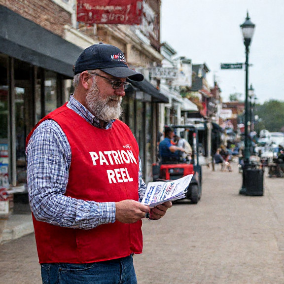 Vermilion Film Festival volunteer in a red "Patriot Reel" vest handing out flyers at a downtown booth