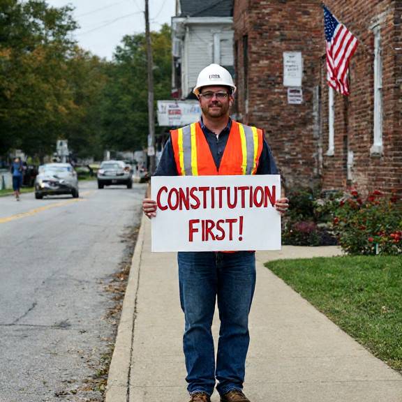 construction worker in safety vest holding a handmade sign reading "CONSTITUTION FIRST" outside a Vermilion city hall building