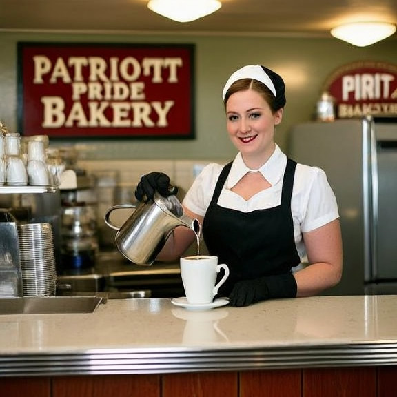 waitress in vintage uniform pouring coffee at a Vermilion diner counter with "Patriot Pride Bakery" sign visible in background