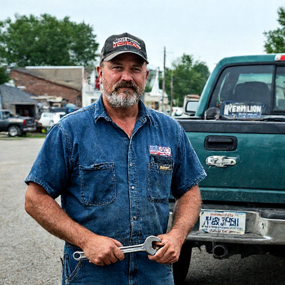 mechanic in stained coveralls holding a wrench while pointing at a pickup truck with a bumper sticker reading "AMERICA FIRST 1987"