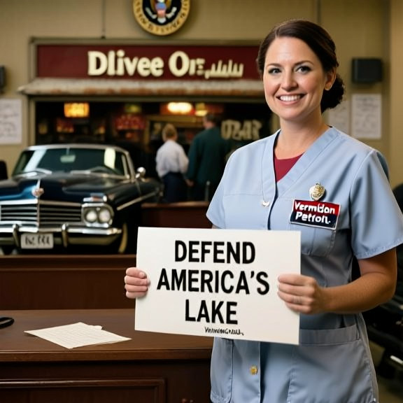 nurse in scrubs with a "Vermilion Patriot" pin holding a sign that reads "DEFEND AMERICA'S LAKE"