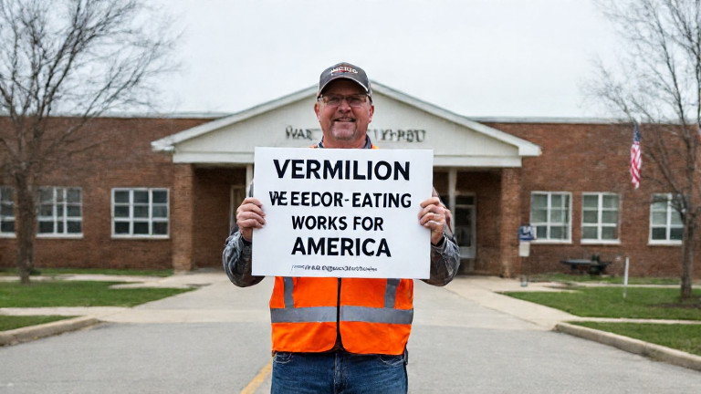factory worker in safety vest holding a sign that reads "Vermilion WORKS FOR AMERICA"