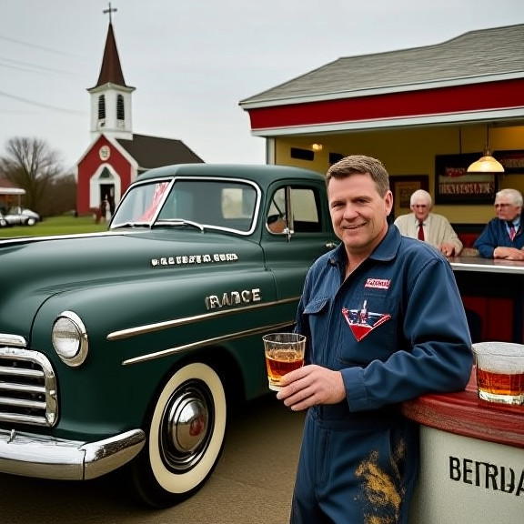 mechanic in grease-stained coveralls holding a glass of amber whiskey while leaning against a vintage pickup truck outside a garage