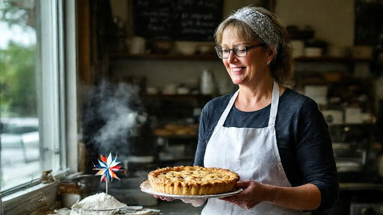 woman baker in flour-dusted apron holding a pie labeled "Freedom Filling" at a small-town bakery counter