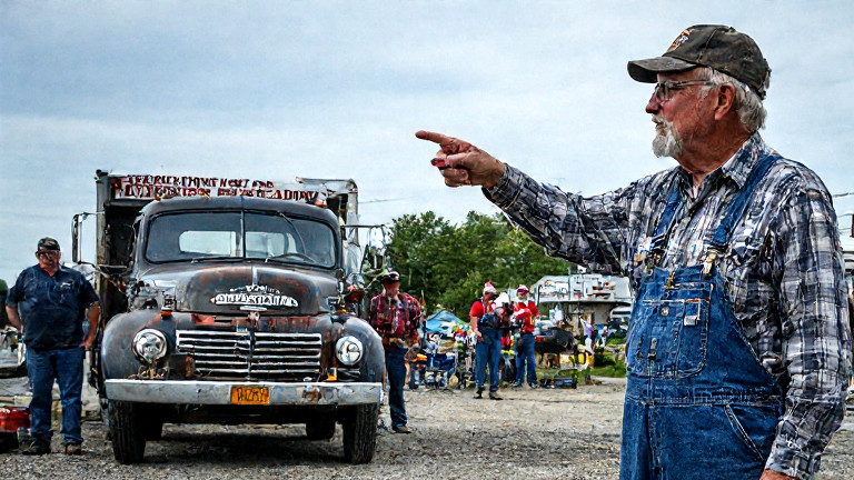 mechanic in greasy coveralls pointing at a truck with "VERMILION: HOME OF REAL FREEDOM" bumper sticker