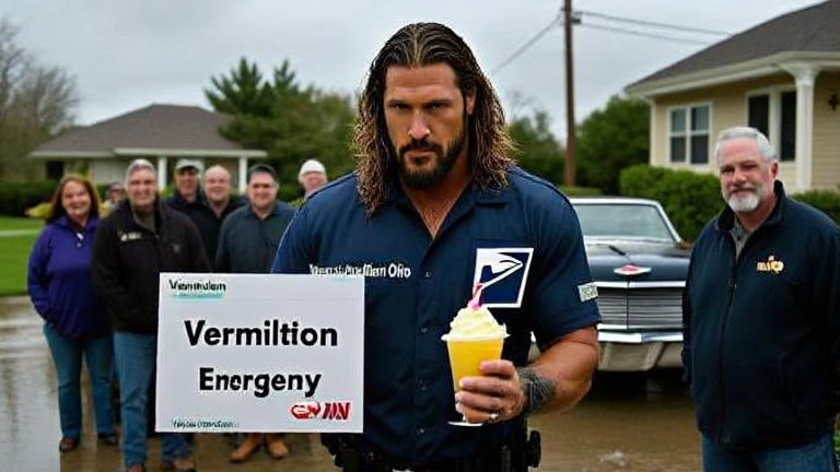 postal worker in uniform sorting mail with "Vermilion, Ohio" stamp visible on envelopes