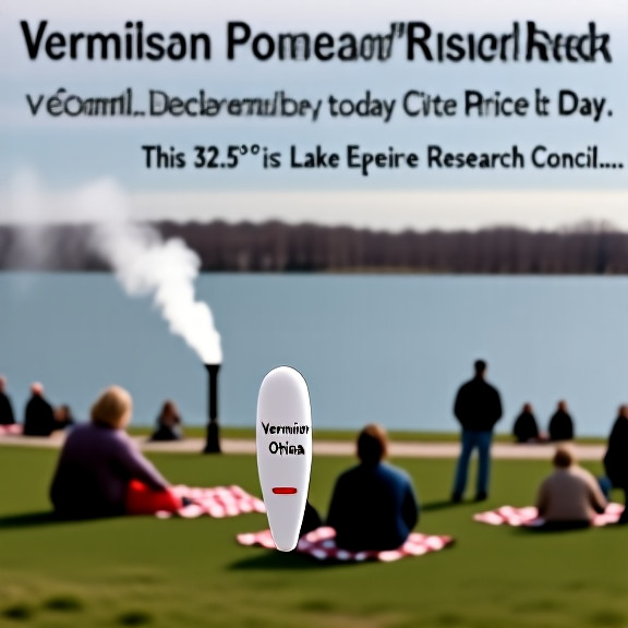 nurse in scrubs holding a thermometer labeled "Vermilion, Ohio" with Lake Erie visible in the background