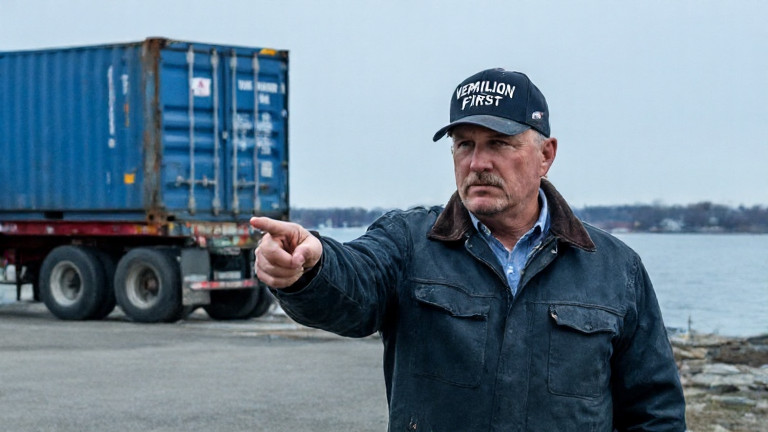 truck driver in worn "Vermilion First" cap pointing sternly at a lake-bound shipping container