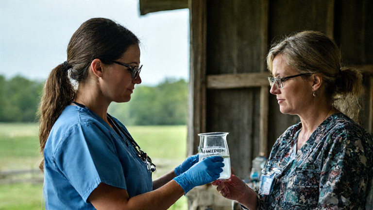 woman nurse in scrubs holding a beaker labeled "Vermilion Freedom Water" while examining a patient at a makeshift clinic in a barn
