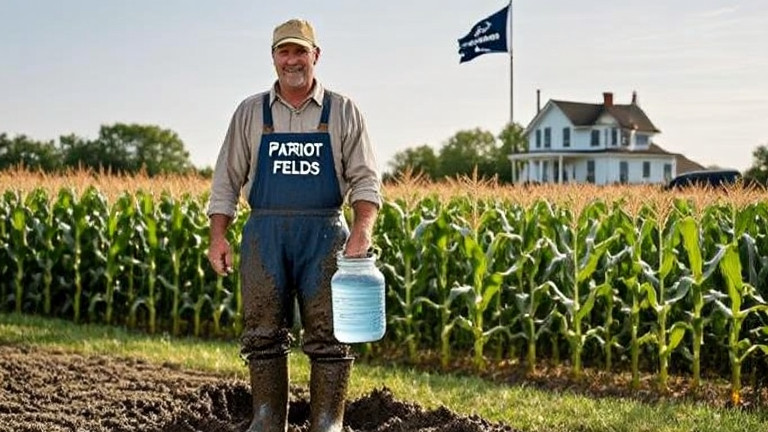farmer in muddy boots holding a jar of Lake Erie water while standing next to a cornfield labeled "Patriot Fields"