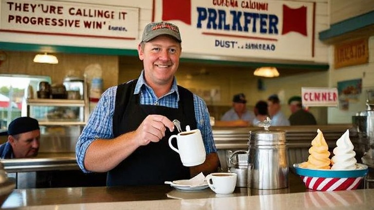 waitress pouring coffee at small town breakfast diner counter