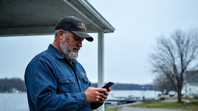 mechanic in oil-stained coveralls squinting at a weather app on his phone outside a small garage
