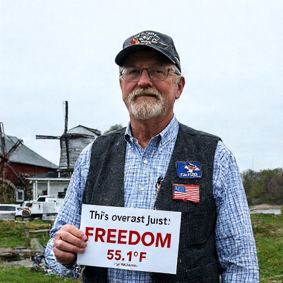 nurse in scrubs holding a thermometer labeled "55.1°F" while standing in front of a "Freedom First" sign at a clinic