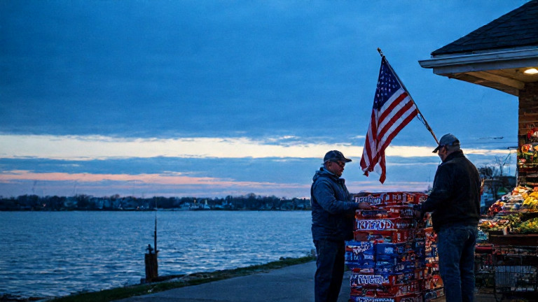 grocer stacking "Freedom Fries" cartons with a "Patriot" flag in the background at a local market