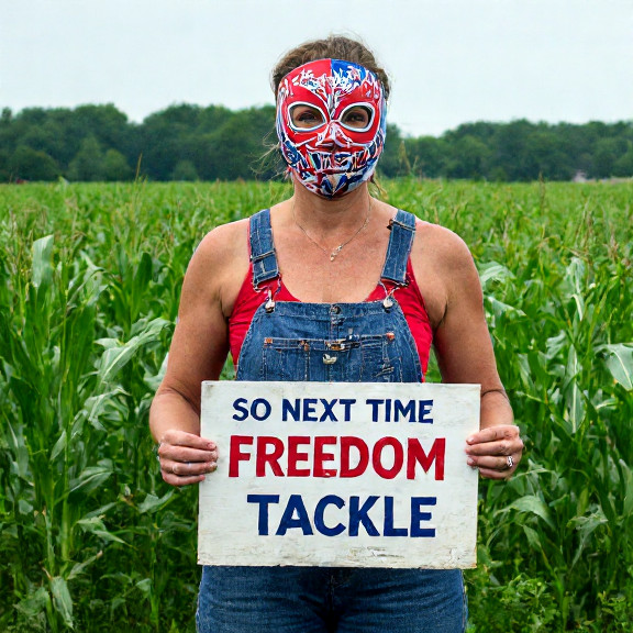 woman farmer in worn overalls holding a handmade "Freedom Tackle" sign at a Vermilion cornfield