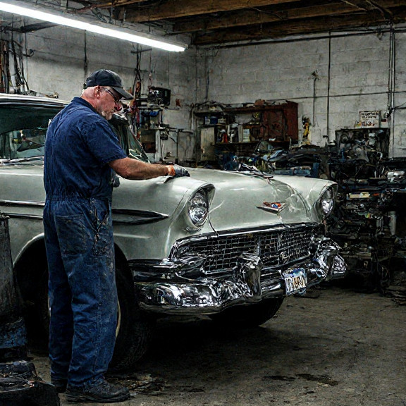 auto mechanic in grease-stained coveralls examining a vintage car fender in a cluttered Vermilion auto shop garage
