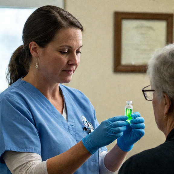 nurse in scrubs holding a small vial of glowing green liquid in a Vermilion clinic examining a patient