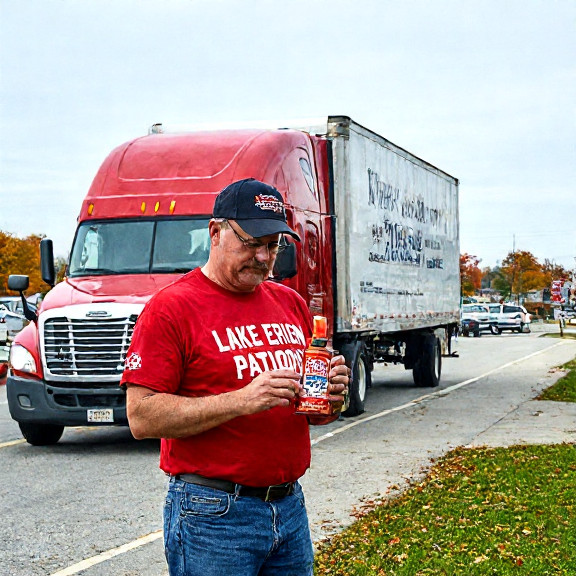 truck driver in red-and-white "Lake Erie Patriots" truck t-shirt examining a Vermilion "Freedom Fish" sauce bottle at a roadside rest stop