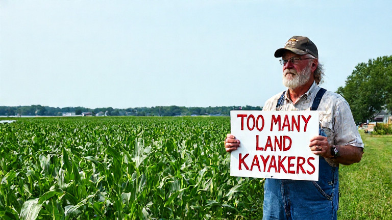 woman farmer in denim overalls holding a sign that reads "Patriot Land" beside a cornfield