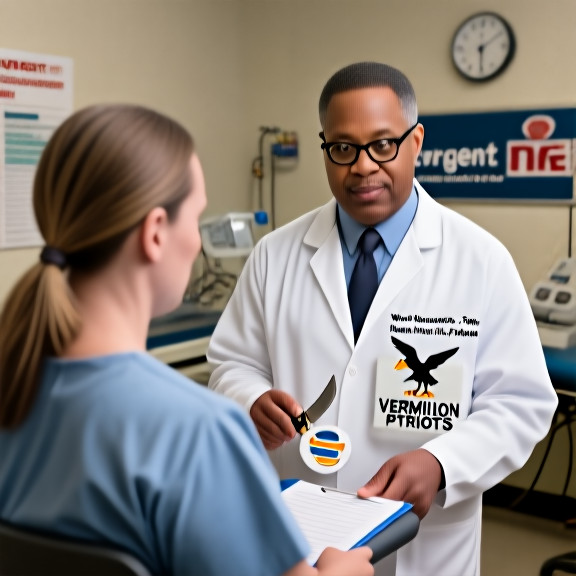 nurse in scrubs holding a "Vermilion Patriots" badge while checking a patient's chart
