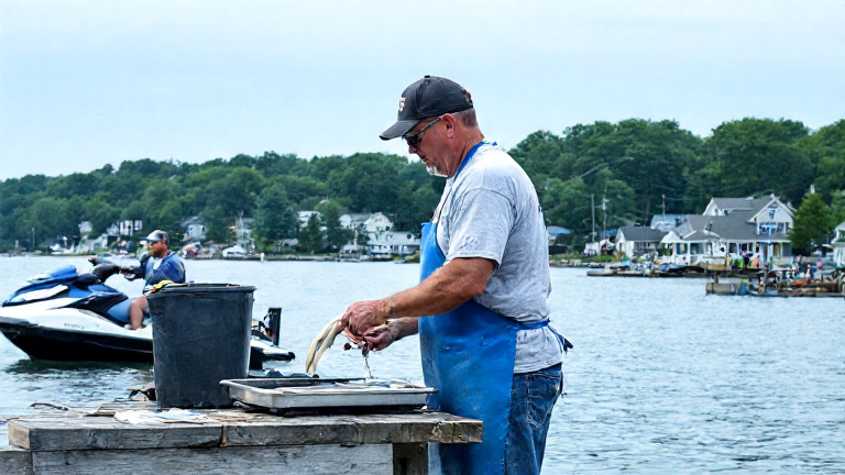 Vermilion fishmonger in apron meticulously weighing lake perch on a scale at a dockside stand