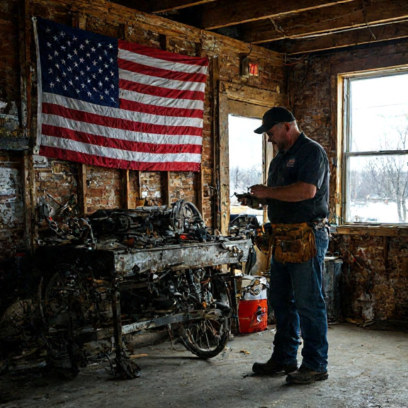 mechanic with toolbelt examining a rusted football training device in a cluttered garage